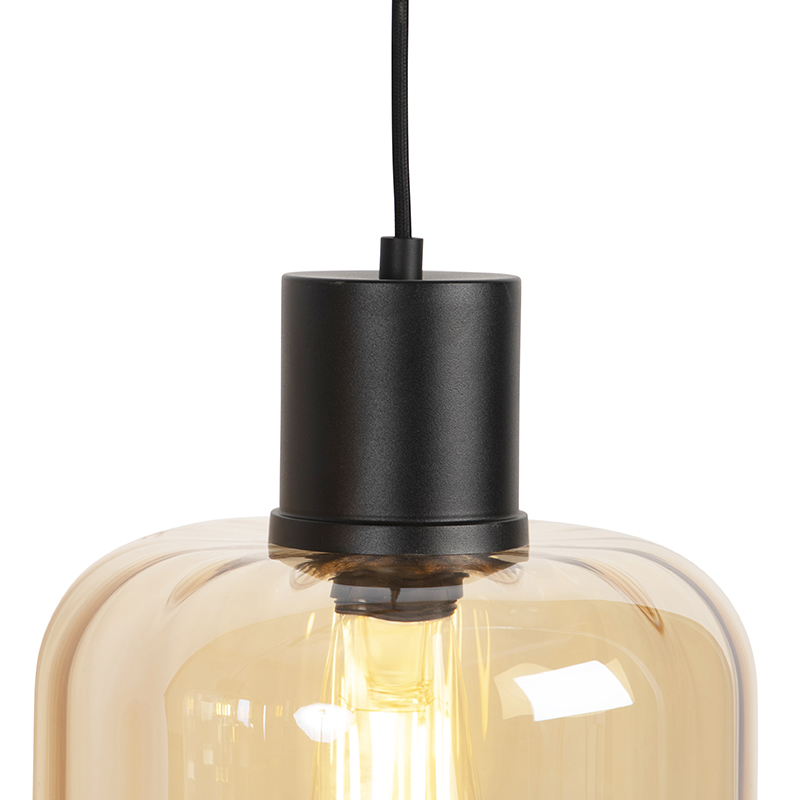 Designová závěsná lampa černá s jantarovým sklem 3-světlo 161