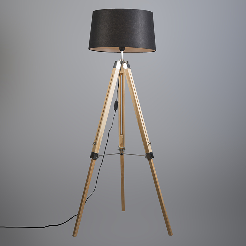 Stojací lampa přírodní s černým plátěným stínidlem 45 cm - Stativ