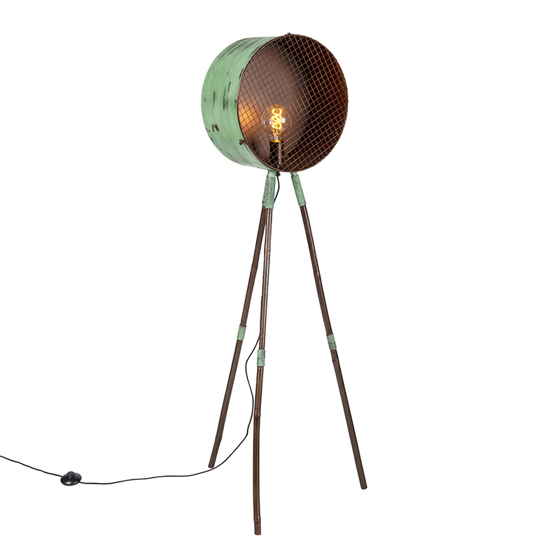 Vintage stojací lampa na bambusovém stativu zelená s mědí - hlaveň